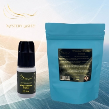 Wimpernkleber Endfest von Mystery Lashes im Aluminiumbeutel – extra stark, schnell trocknend, ideal für Wimpernverlängerungen.