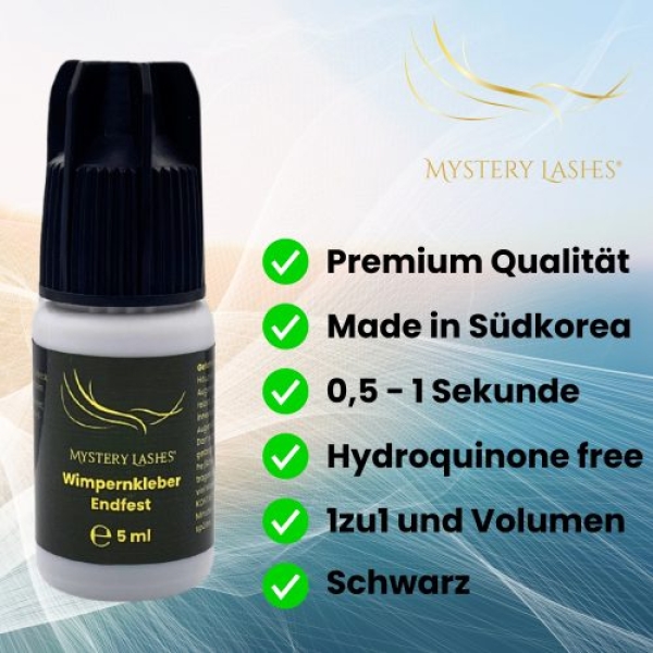 Der Wimpernkleber Mystery Lashes Endfest mit den Beschreibungen seiner Leistungsparameter.